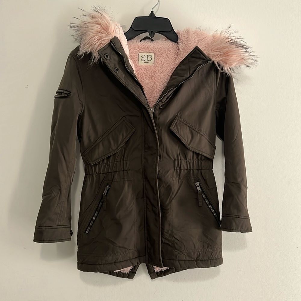 S13 New York Coat Olive Green with Light Pink Faux Fur Size 12